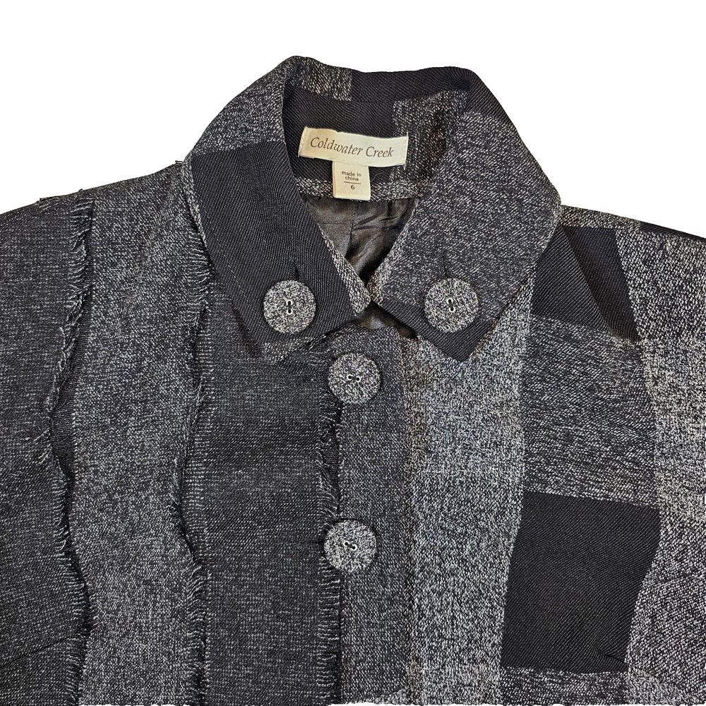 Coldwater Creek VTG Boxy Tweed Fringe Pleated Jacket Preppy Goth Plaid Gray 6 - Picture 6 of 15